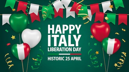 Happy italy liberation day celebration with flags balloons and festive decorations