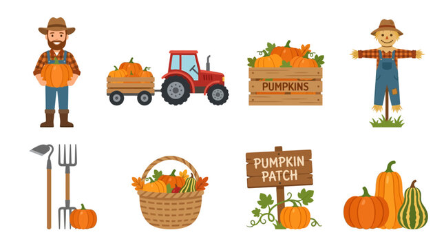 Animated farmer and harvest equipment set featuring pumpkins in a motion video graphic depicting seasonal agricultural work and field activities