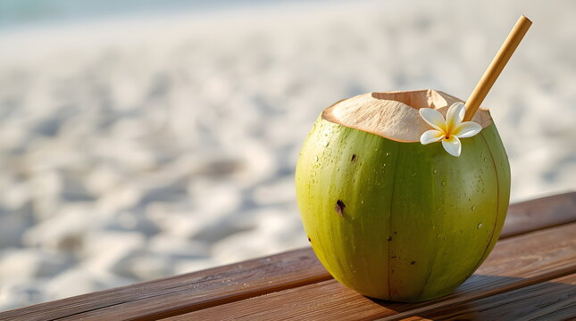 Fresh dewy green coconut drink with a straw and flower on a tropical beach