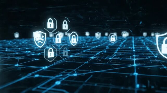 A futuristic network of glowing blue lines and nodes features various digital security icons including locks and shields floating above.