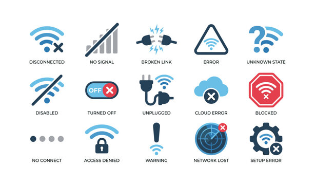Network connectivity error icons and status symbols on white backdrop