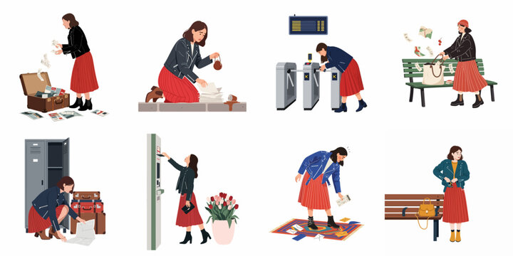 Collection of character illustrations depicting a clumsy woman facing various everyday mishaps, stressful situations, and minor accidents while traveling, commuting, and at home.