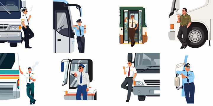 Set of professional bus and coach drivers in uniform standing by their vehicles, some smoking during a break, flat vector illustration.