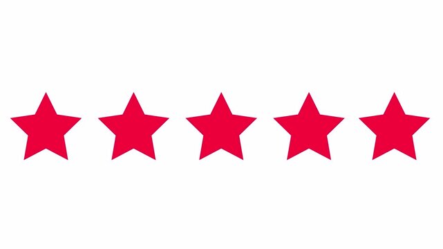 A motion graphic animation of five red stars appearing sequentially, representing a top customer rating or product review.