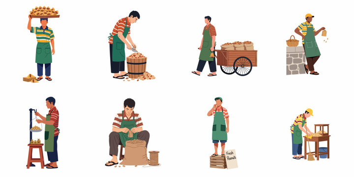 Set of street vendor characters selling fresh peanuts in various poses, including weighing, packing, and transporting products, flat vector illustration.