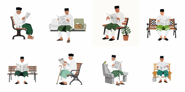 Collection of Vector Illustrations Featuring an Elderly Malay Man in Traditional Baju Melayu Sitting on Various Benches While Reading a Newspaper