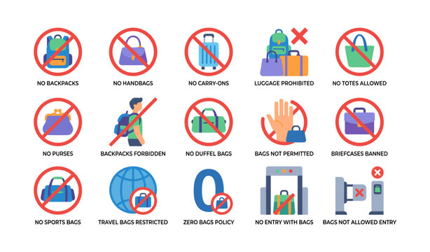 Bag and luggage prohibition icons for security on white background