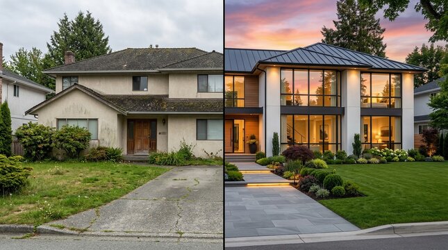 Comparison of an ordinary suburban house and a modern luxurious home with landscaped yard assets
