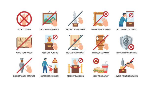 Museum no touch and handling icons for exhibit rules
