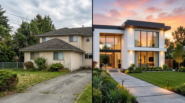 Contrast Between A Worn, Aging Detached House and a Modern Luxury Home Side by Side Displaying Different Architectural Styles