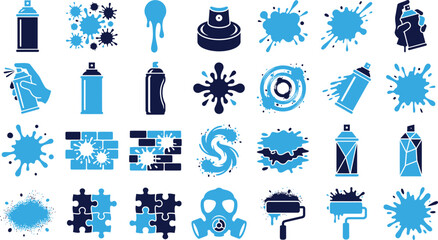 Graffiti spray paint icons and splatters in blue and dark blue representing urban art creativity and expression. © FahimBD