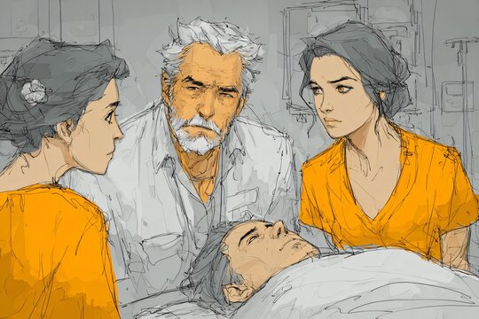 An emotional digital illustration depicting a family gathered around a bedridden patient in a hospital, showing profound concern and support.