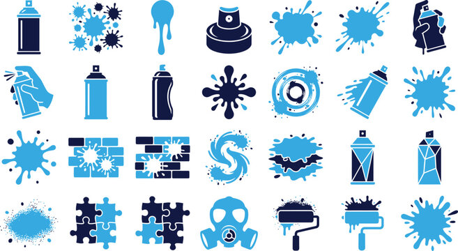 Graffiti spray paint icons and splatters in blue and dark blue representing urban art creativity and expression.