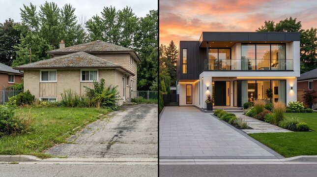 Transformation of a modest suburban house into a modern, sleek residence showcasing contemporary architectural redesign