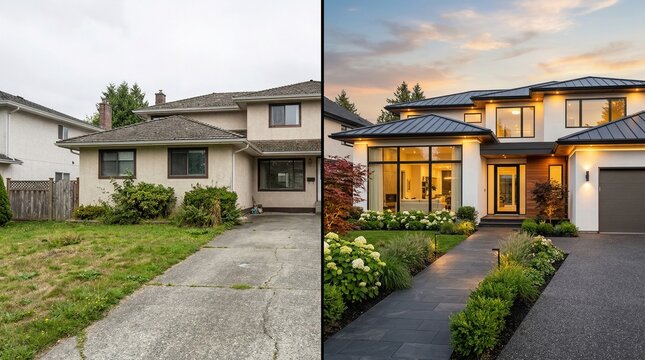 Comparison of an outdated suburban house and a modern luxury home showcasing architectural evolution