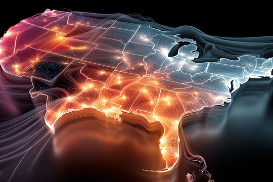 A vibrant, futuristic digital art visualization of the United States map, showcasing glowing interconnected urban centers and data flow.