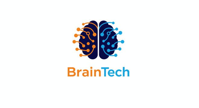 BrainTech logo featuring split brain illustration in blue and orange.