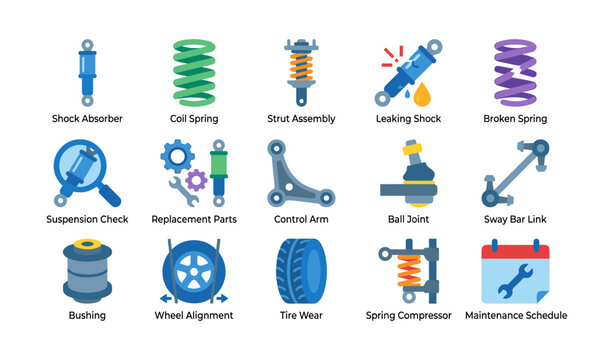 Suspension components showing parts and faults on white background