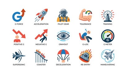Fototapeta premium G force and flight safety icons arranged on white background