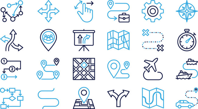Navigation and direction icons set route planning and travel path symbols collection.