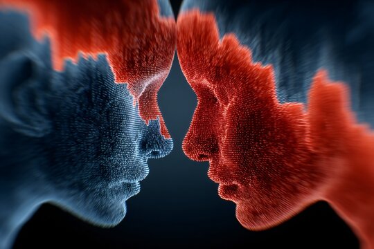 Conceptual digital art depicting two pixelated human faces in profile, blue and red, symbolizing conflict and connection.