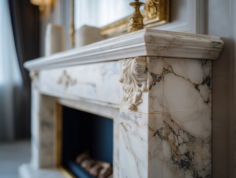 Elegant marble fireplace with ornate carvings. Soft light highlights intricate details. Warm tones contrast with dark firebox interior. Luxurious design ideal for high-end interiors