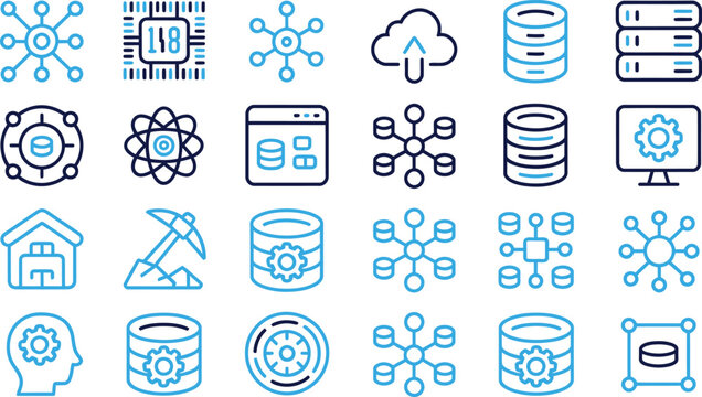 Data and network icons set with database cloud and connection nodes for digital storage.