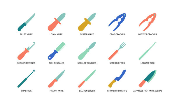 Seafood and fish tool icons arranged in grid on white background