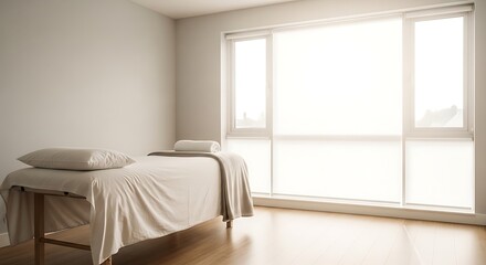 Fototapeta premium Serene Massage Room with Natural Light and Massage Table Ready for Relaxation and Wellness Treatments