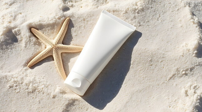 Unbranded lotion mockup packaging top down view on sand with a decorative starfish