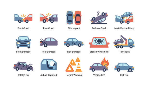 Vehicle accident icons showing crash types on white background
