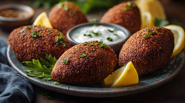 Crispy kibbeh croquettes with bulgur and minced meat served with sauce