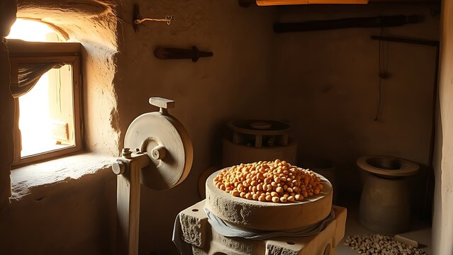Traditional Berber workshop with stone mill pressing argan nuts.