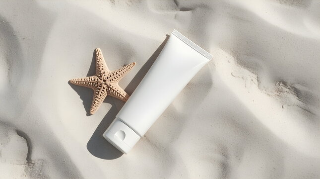 Blank white sunscreen cosmetic tube with a starfish lying on white beach sand