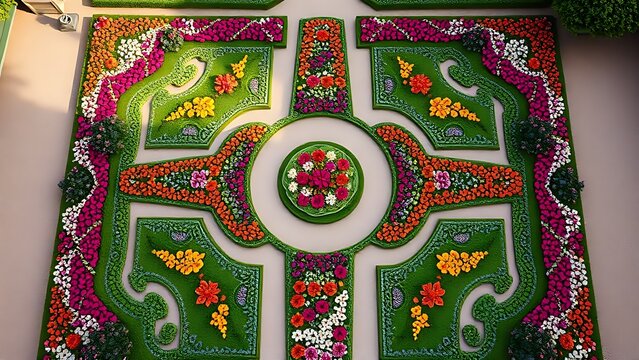 Geometric parterre garden with colorful flowers, aerial view, symmetrical pattern.