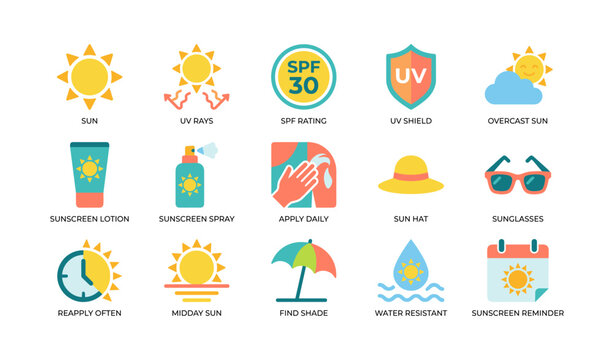 Sun safety and sunscreen icons arranged on white background