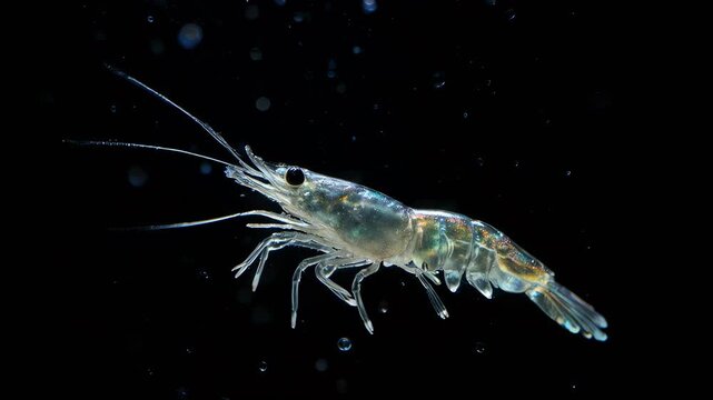 Translucent krill swimming in deep dark ocean water