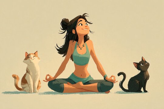 A cheerful woman meditating in a serene lotus pose, surrounded by her calm and observant pet cats.