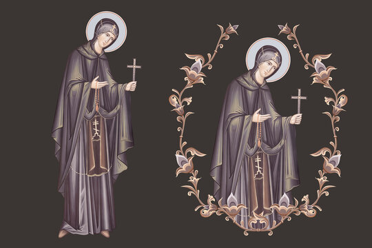 Sv. Petka. Saint Parascheva of the Balkans. Christian pastel illustration set in Byzantine style isolated