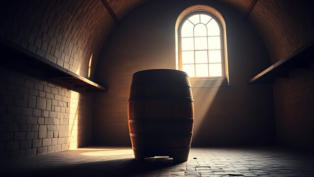A colossal wooden wine tun stands alone in an empty stone cellar with dramatic side lighting.