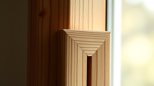 Extreme close-up of a perfectly joined mitered corner of a wooden picture frame.
