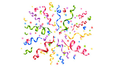 Fototapeta premium Vector colorful flying ribbons and confetti isolated on a transparent background. Festive decor elements.