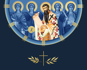 Obraz premium Basil of Caesarea and four cardinal points (Archangel Gabriel, Uriel, Raphael and Michael). Illustration in Byzantine style isolated