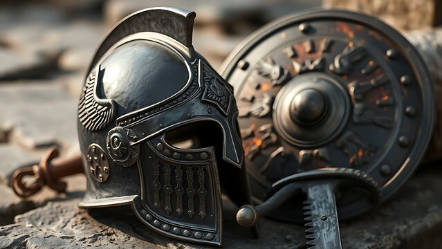 Norse-style winged helmet beside worn shield and longsword on stone surface.