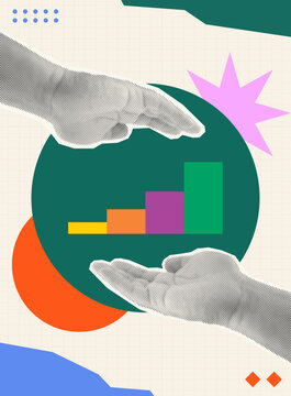 Trendy Halftone Collage of two halftone hands nurturing a rising bar chart on a circle, symbolizing nurturing and managing growth, ideal for business management and investment content.