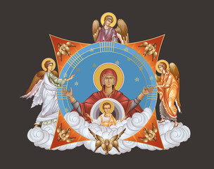 Obraz premium Blessed Virgin Mary and Jesus Christ. Illustration in Byzantine style with angels and seraphim