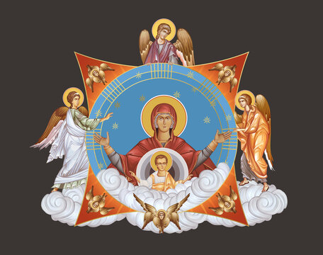 Blessed Virgin Mary and Jesus Christ. Illustration in Byzantine style with angels and seraphim