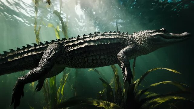 Large Alligator Swimming Underwater in Swamp with Sunlight Rays
