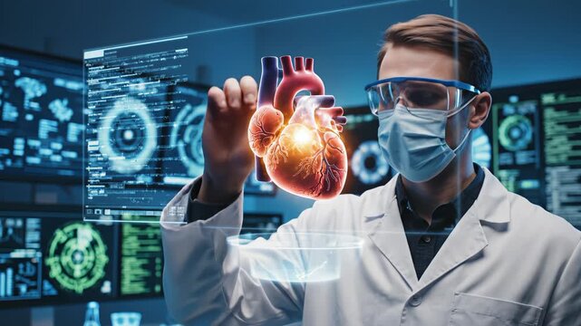 Scientist interacting with digital heart model highlighting artificial intelligence and digital evolution
