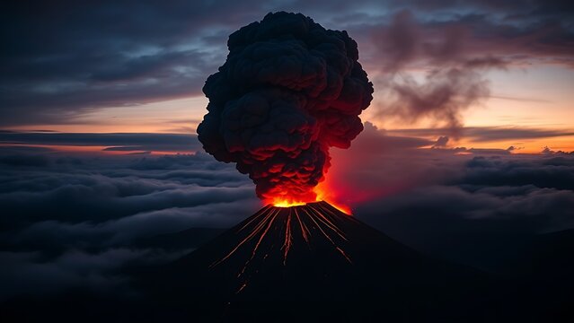 Dramatic volcano eruption at dusk with a massive plume of dark ash.